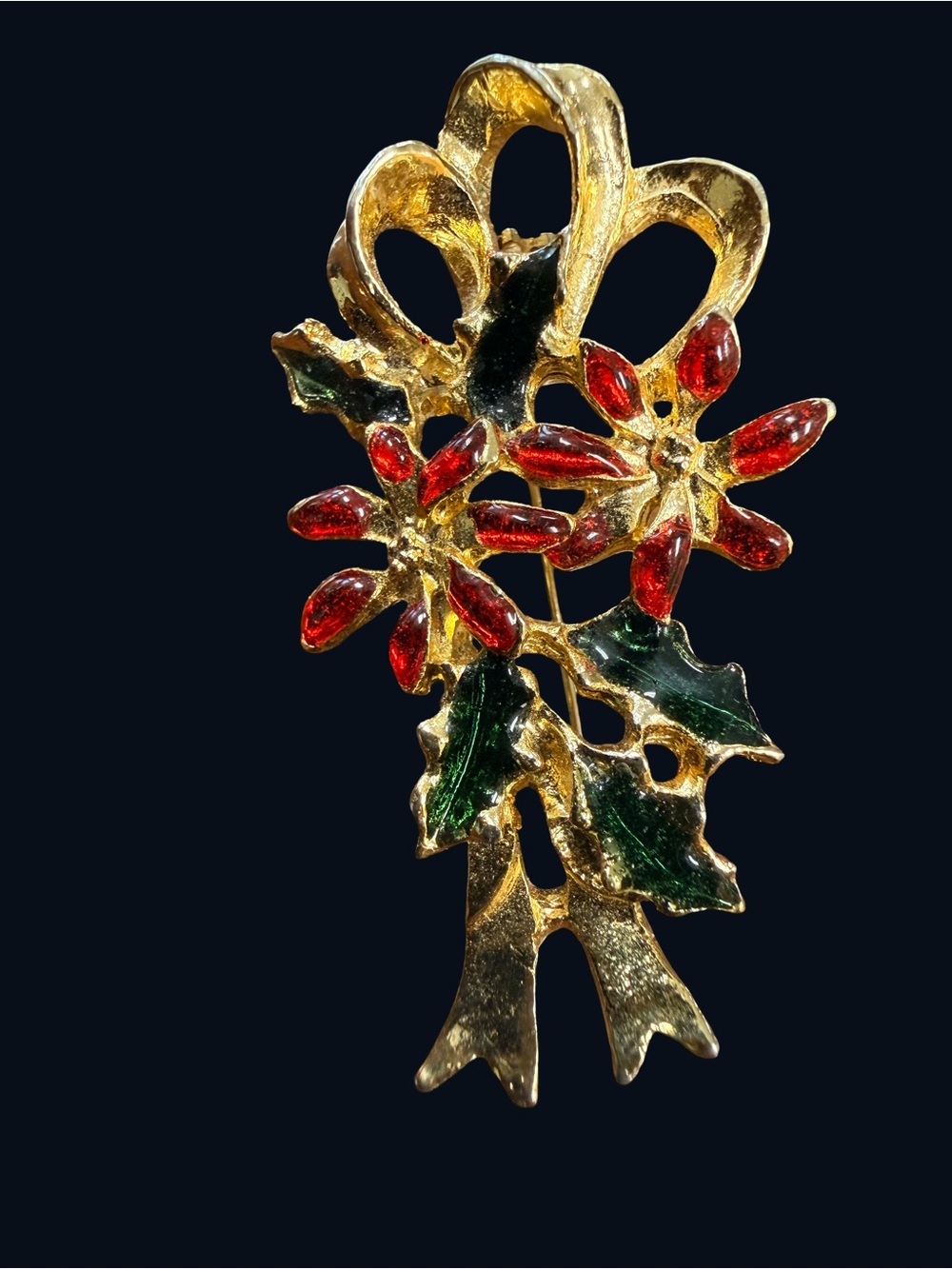Vintage Gold-Tone Red & Green Poinsettia  Brooch
